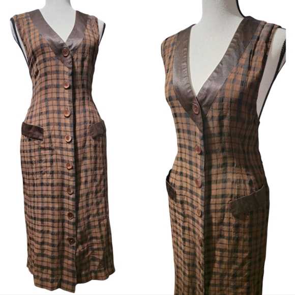 Vintage Plaid Buttondown Brown Sheath Sleeveless Midi Vest Dress with V-Neck - Picture 2 of 6